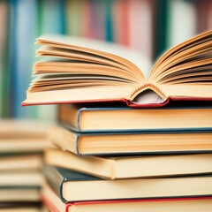 Naklejka premium A stack of books with an open book on top, symbolizing knowledge and learning.