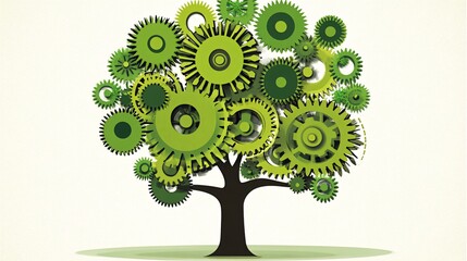 A tree with green cogwheels for leaves symbolizing growth and progress.
