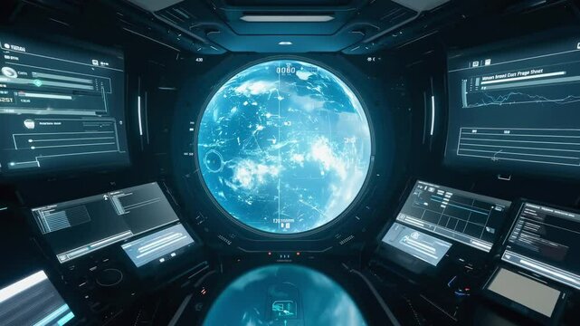 View from a spacecraft's command center showing a holographic star system on the main display, illuminated by soft key lighting. The static camera captures advanced control panels and a futuristic