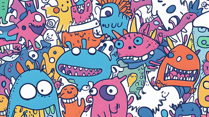 Obraz premium Colorful Doodle Art with Cartoon Characters, vibrant and playful design featuring cute monsters on a white background, perfect for mobile wallpaper