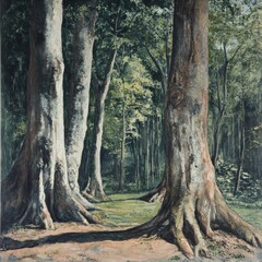 Obraz premium A painting of a forest scene with tall trees, green foliage, and a clearing in the center.