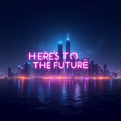  2025 city skyline with neon text 'Here's to the Future'