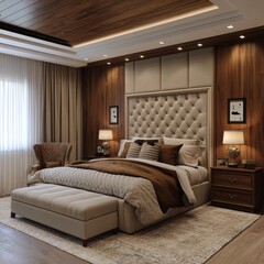 Airy, bright bedroom featuring a large bed with pillows, dressers, and a wooden headboard wall.