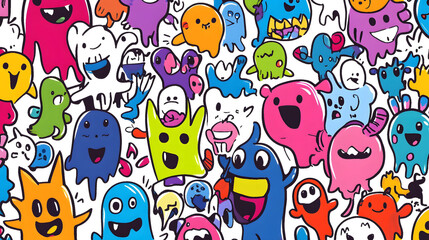 Colorful Doodle Monsters Vertical Wallpaper, vibrant cartoon characters, playful design, cheerful atmosphere, perfect for mobile screens