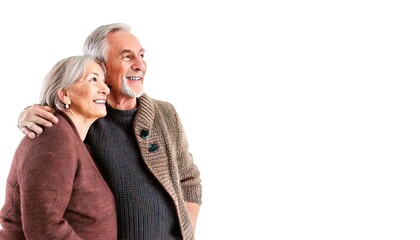 Happy older retired married couple. Mature, senior woman and man. In love anniversary concept. Hugging very close to each other.  Isolated on white background with copy space