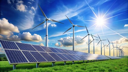 Solar panels are generating electricity on a green field with wind turbines in the background