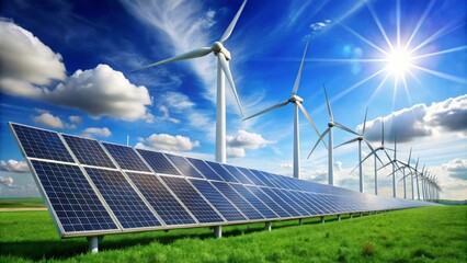 Solar panels are generating electricity on a green field with wind turbines in the background