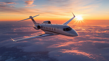 luxury priveate jet flying at the clear sky and sunset 