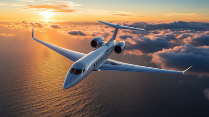 luxury priveate jet flying at the clear sky and sunset 