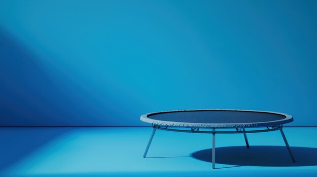 A solitary trampoline stands on a smooth blue surface under bright lighting, inviting energetic play and summer fun