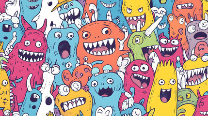 Colorful Doodle Art Characters with Cute Monsters, lively and fun vertical phone wallpaper, cheerful design for mobile devices.
