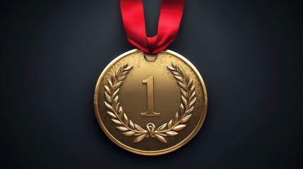 A gold medal with a red ribbon, decorated with a laurel wreath and the number one, against a dark background.