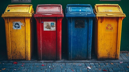 Four colorful recycling bins lined up against a green wall.