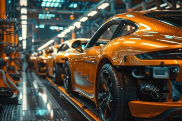 Obraz premium Orange sports cars in a modern assembly line, vibrant and dynamic environment.