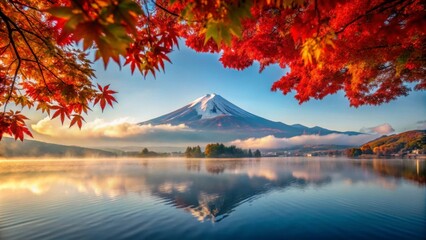  A serene landscape of Mount Fuji in Japan, with a calm lake reflecting the snow-capped peak and...