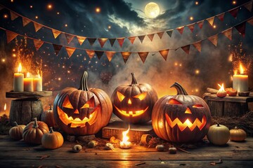 Fototapeta premium Vintage Halloween Night with Spooky Pumpkins and Dark Atmosphere for Party Invitations