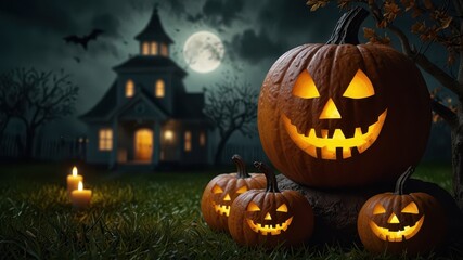 halloween pumpkin with bats and moon