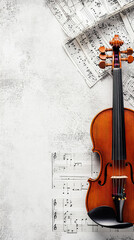 A close up of violin resting on sheet music with ample space for creative text placement