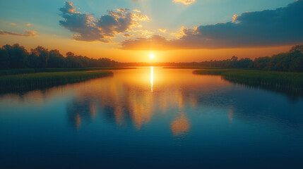 Fototapeta premium A serene sunset over a still lake, with the sun reflecting off the water.