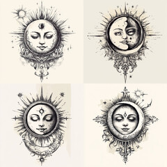 Vintage sun and moon tattoo design