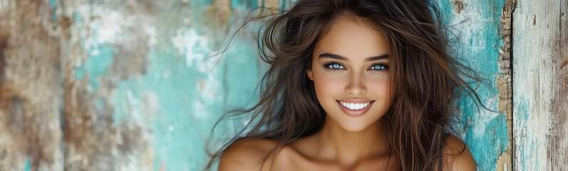 Obraz premium A casual girl exudes happiness and confidence as she smiles into the camera, standing in front of a weathered wooden wall with a relaxed vibe on a bright, sunny day