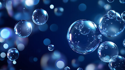 Naklejka premium Luminous Air Bubbles on Dark Blue, vibrant, shiny spheres of varying sizes floating gracefully, creating a mesmerizing underwater effect