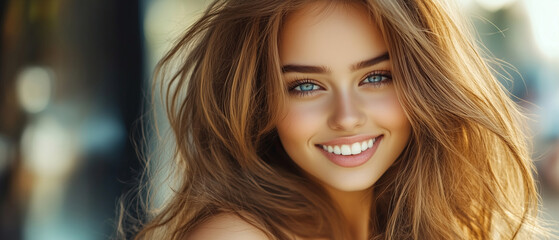 Fototapeta premium The girl radiates joy with a bright smile under the warm sun, capturing the essence of a relaxed day outdoors while showcasing her casual style and lively personality