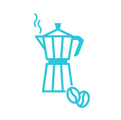 Moka pot espresso coffee icon and fresh ungrounded coffee beans. Isolated on white background. From blue icon set.