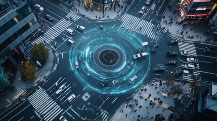 A cutting-edge AI-powered real-time traffic flow optimization system, clean urban setting with advanced traffic management interfaces and data analytics tools, Traffic style