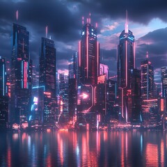 Fototapeta premium a futuristic cityscape at dusk, towering skyscrapers with neon lights