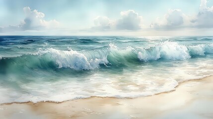 Fototapeta premium watercolor illustration of gentle ocean waves soft blue and green hues blending together creating a tranquil and soothing atmosphere perfect for a seaside theme