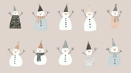 Christmas  collection of cute snowman illustrations, each dressed in different winter hats and scarves, showcasing playful and cozy winter attire on a neutral background.

