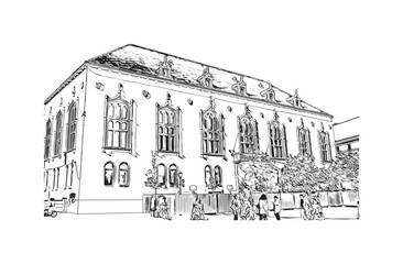 Building view with landmark of Budapest Hungary. Hand drawn sketch illustration in vector.