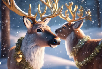 A small Christmas reindeer stands on a snowy ground, wearing a red sash and small bells, with a smiling face and sparkling eyes.