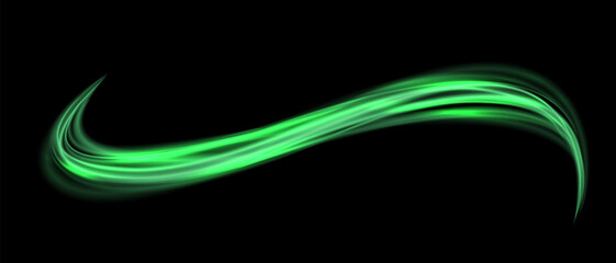 Abstract green speed light lines neon glowing curve wave movement on black background vector