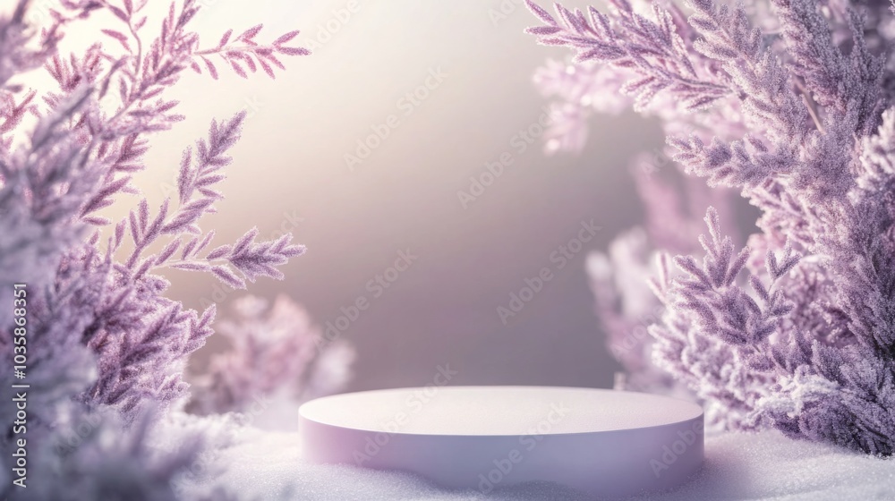 Poster delicate frosted plants frame a smooth circular platform in this winter-themed setting, suggesting a
