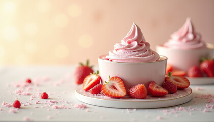  Strawberry mousse with whipped cream on a pink plate