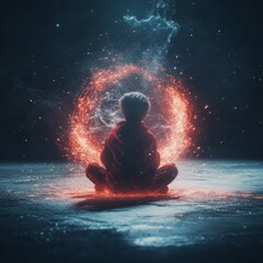 Obraz premium A child meditating in front of a glowing, fiery circle in a dark environment.