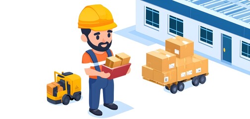 Construction worker carrying boxes with a forklift truck on a white isolated background.