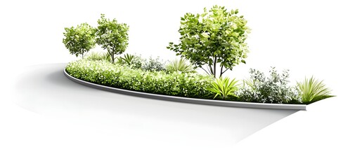 Obraz premium Lush greenery featuring diverse plants and trees in a curved arrangement, showcasing vibrant nature.