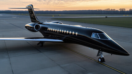 luxury black privete jet at the runway