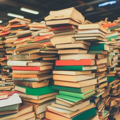 A large stack of assorted books in a disorganized manner.