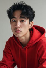 Fototapeta premium Young korean man in red hoodie posing against a light background 