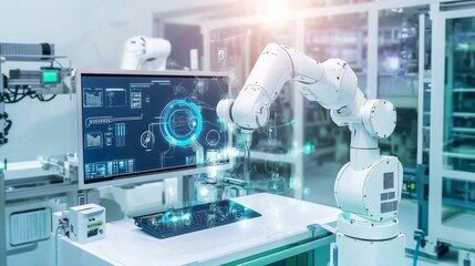 A cutting-edge AI-powered smart manufacturing control system, modern factory environment with advanced robotics and production line monitoring tools, Industrial style
