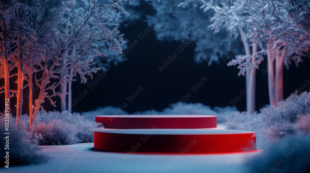 Aufkleber The scene captures two striking red circular platforms set against a backdrop of frosty trees and soft snow. The ambient lighting creates an enchanting atmosphere, hinting at twilight's approach.