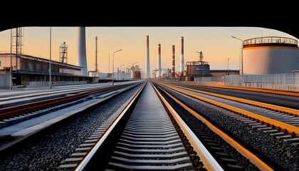 Fototapeta premium Industrial landscape with railway tracks leading towards factories at sunrise, showcasing lines and structures.
