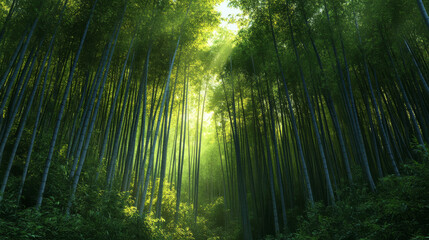 Obraz premium serene green bamboo forest with tall, slender trees and sunlight filtering through leaves, creating peaceful atmosphere. lush greenery is vibrant and calming
