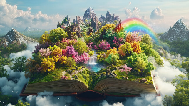 open kids book with view on colorful landscape with fantasy mountins and trees