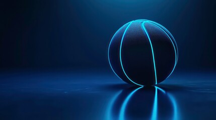A black basketball with glowing blue lines sits on a reflective surface.