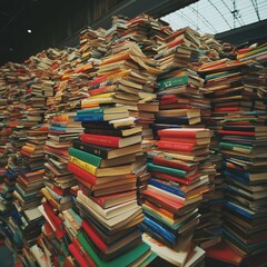 Fototapeta premium A towering stack of colorful books in a library setting.